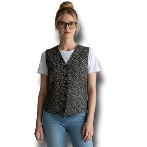 Talbots Womens Button-Up Black Floral Vest VTG 90s Cottagecore Boho Waistcoat 16